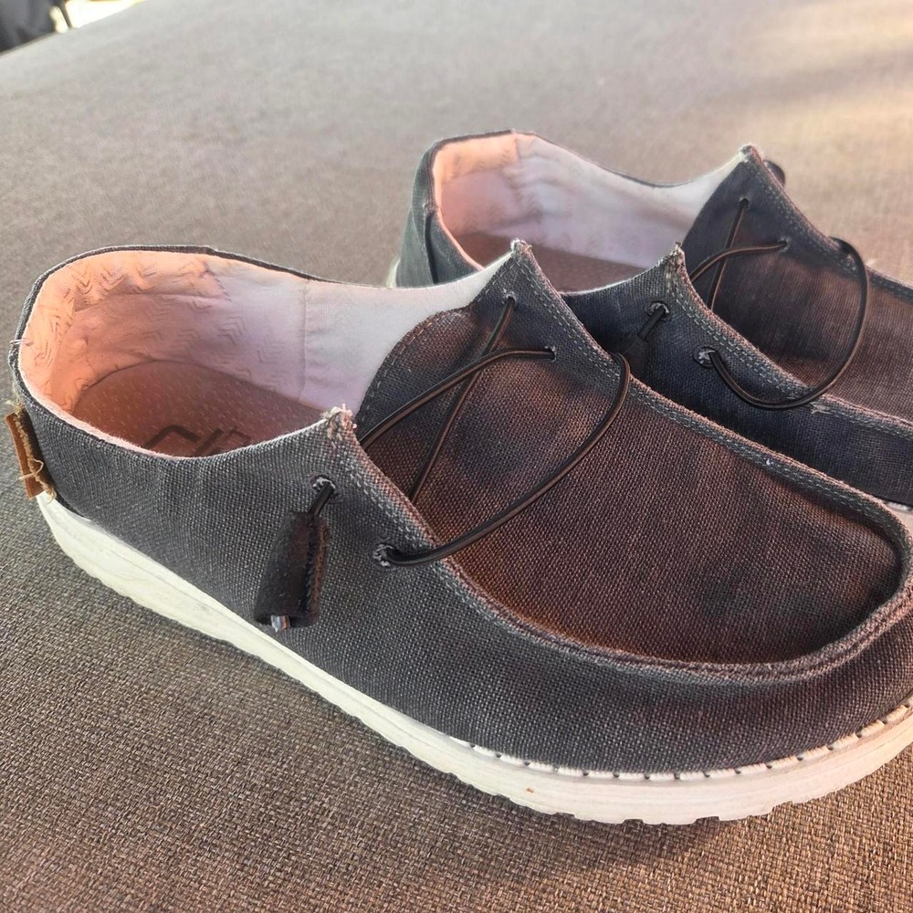 Hey Dude Wendy Chambray Grey Off Black Loafers Shoes Womens 8